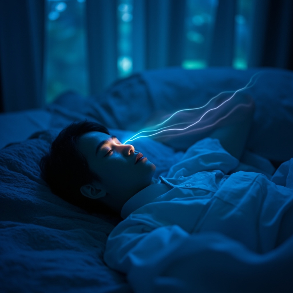 Serene bedroom at night, person sleeping peacefully, subtle glowing energy waves balancing nasal area, soft blue tones, no text.