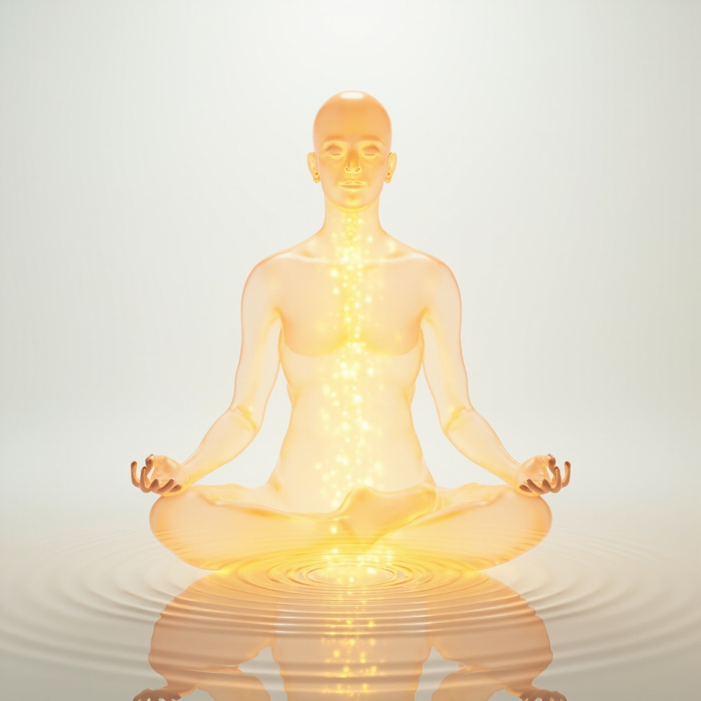 A high-quality, conceptual 3D render of a human silhouette in a meditative pose. The throat area (pharynx) is highlighted with a soft, glowing golden light, with subtle concentric ripples emanating from it like a pebble dropped in water, symbolizing healing frequencies and resonance. Minimalist white background, professional medical-aesthetic style.