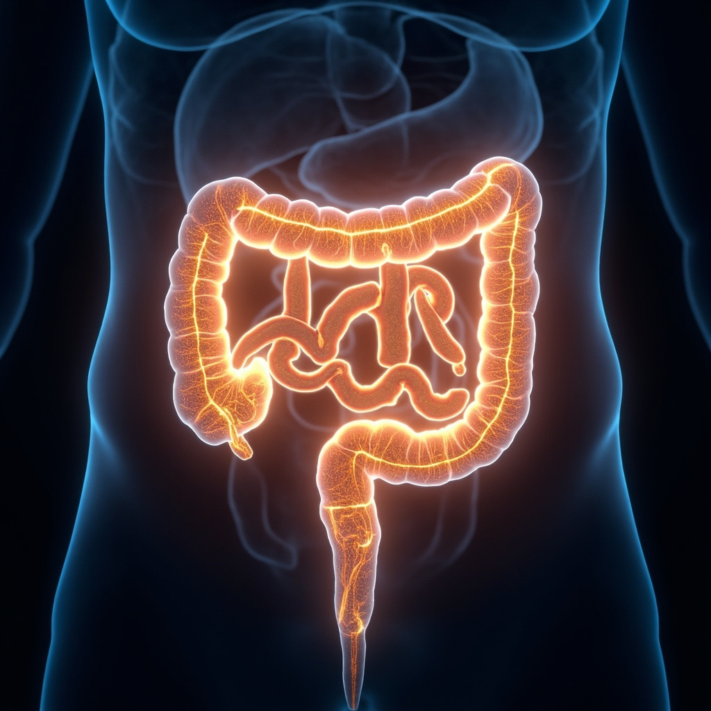 A professional medical illustration of the human small intestine, glowing with a soft golden light to represent energy and nutrient absorption, set against a clean, dark blue anatomical background.