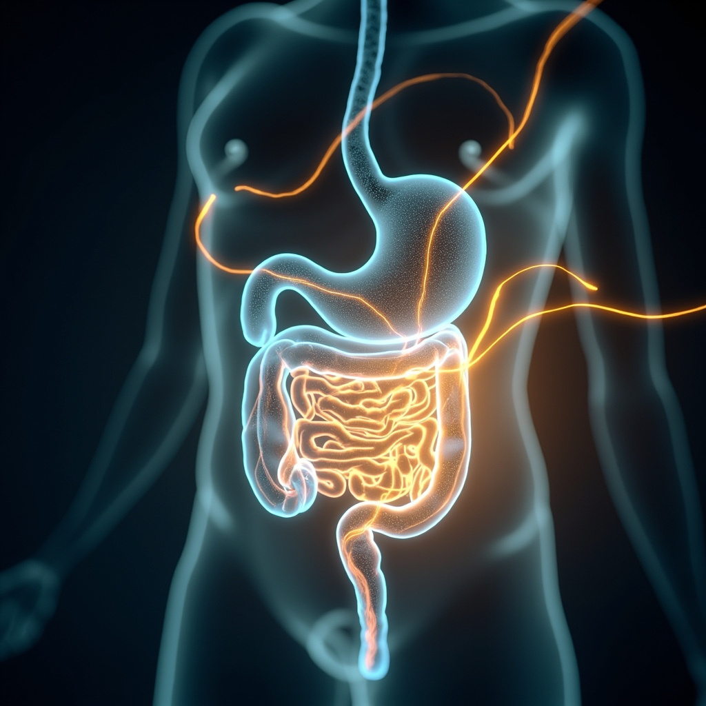 A professional, calming medical illustration showing a holistic link between a glowing digestive system and a clear, healthy skin surface, using soft blue and gold light to represent energy flow and balance.