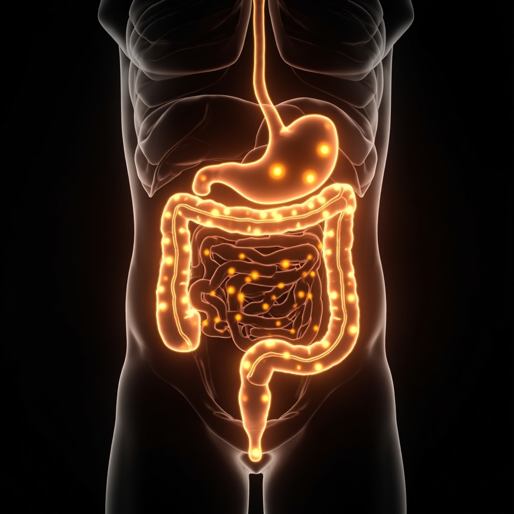 A professional, calming 3D medical illustration of the human digestive system, highlighting the appendix area with a soft, glowing golden light to represent energy and healing. The background is a clean, ethereal white and light blue gradient, evoking a sense of health, science, and serenity.