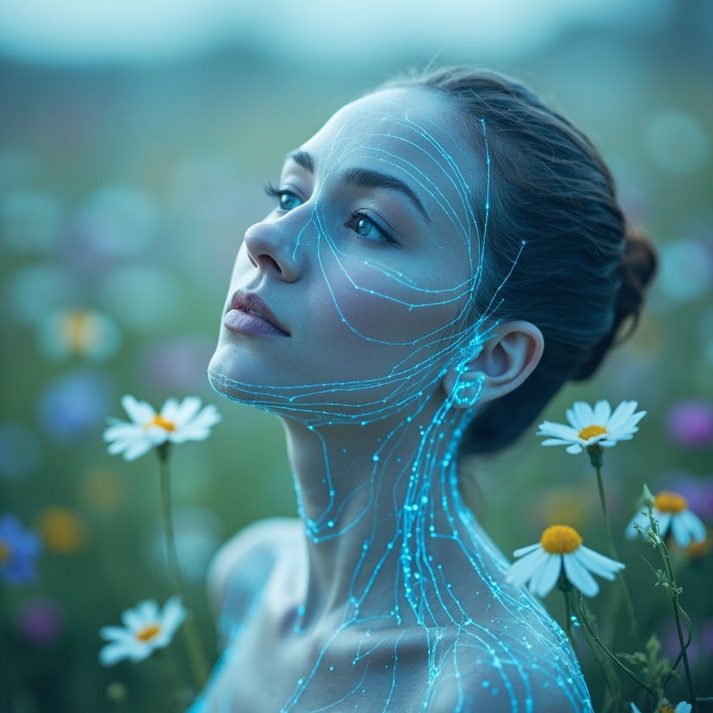 Serene person in blooming spring field, eyes clear no itch, subtle glowing energy lines on ear kidney spine head like TCM meridians, soft blue tones, professional medical illustration