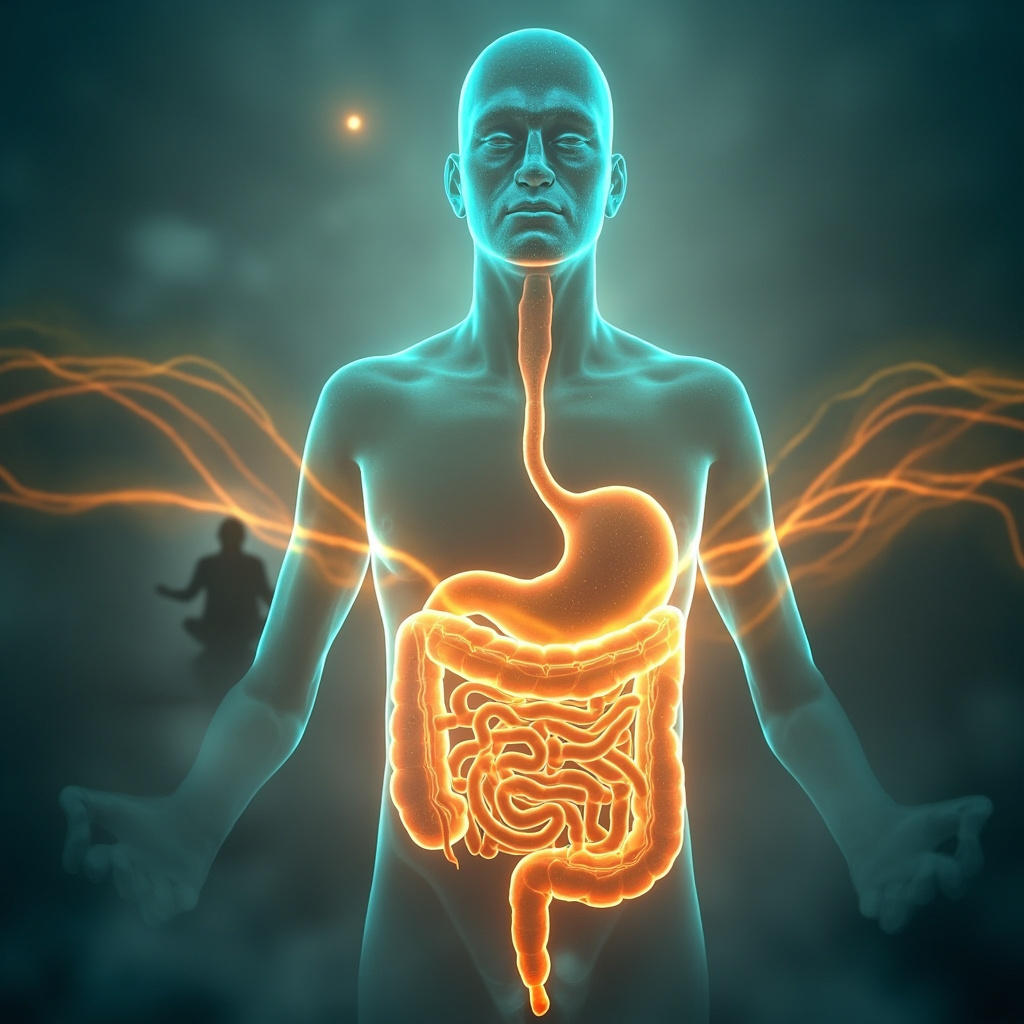 Soft glowing energy waves resonating around a human digestive system, calming bloating and fatigue, with serene meditation pose in background, gut health healing theme, professional illustration.