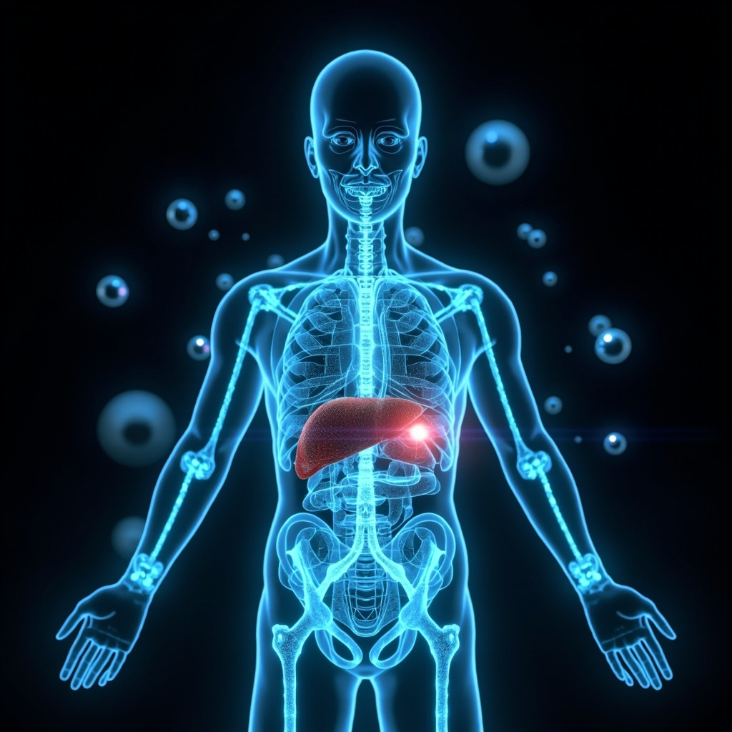 A high-tech, clean visualization of a human silhouette showing glowing electrical pathways connecting the liver and pancreas, with floating geometric representations of chromium atoms and shimmering frequency waves flowing through the body, cinematic lighting, medical 3D render style.