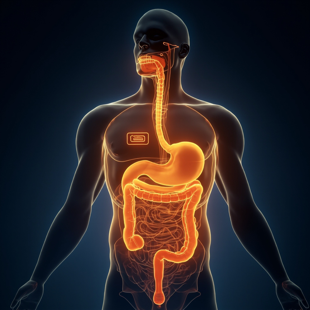 A high-quality, conceptual 3D render of a human digestive system glowing with soft, golden light pulses representing healing frequencies, set against a deep navy blue background to evoke a sense of medical technology and serenity.