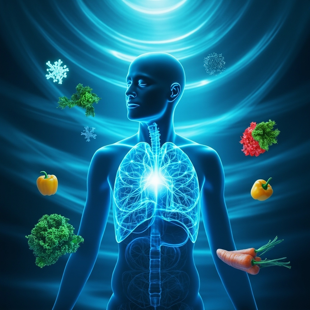 A serene human figure with glowing healthy skin and clear lungs, enveloped in soft blue sound waves representing frequencies, overlaid with icons of probiotics, fresh vegetables, and a balanced gut microbiome, calming and healing atmosphere.