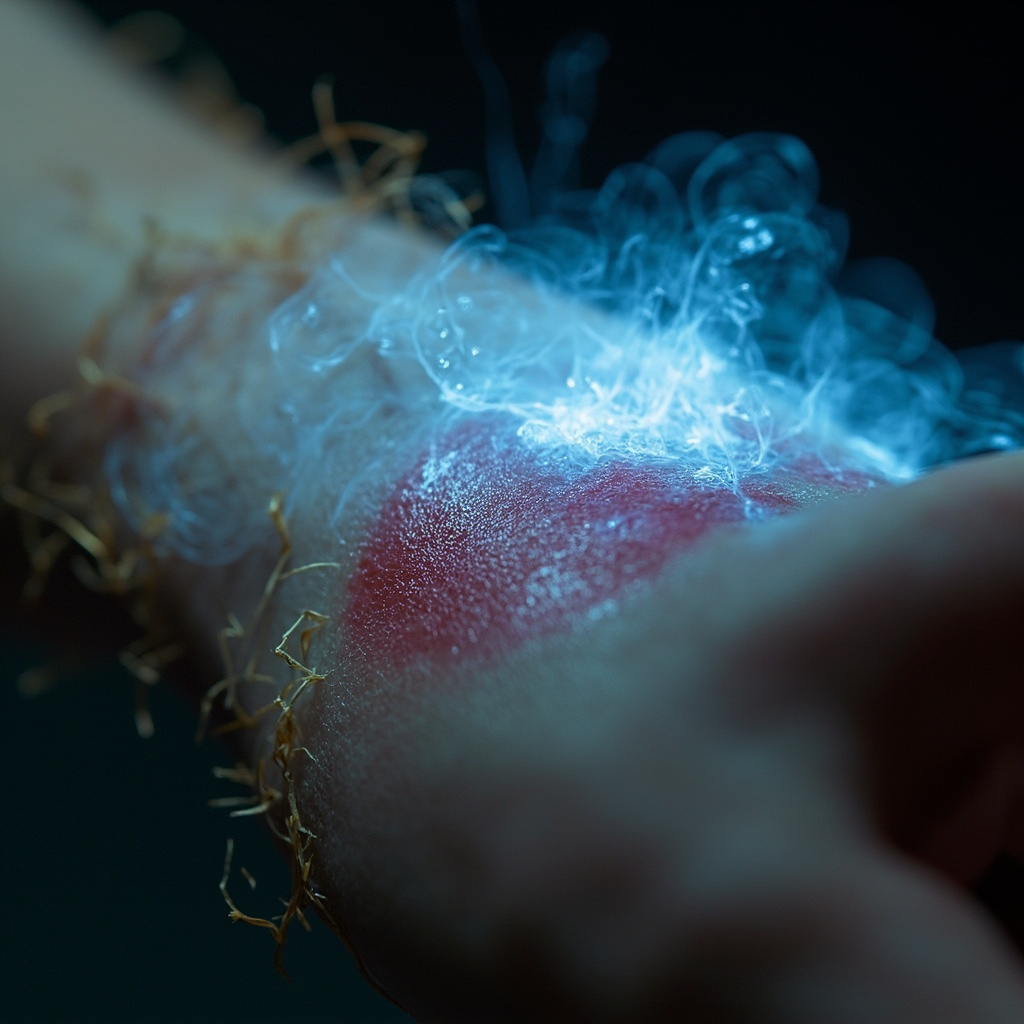 A high-quality, realistic macro shot of a human arm with a fading red insect welt, surrounded by a soft, glowing blue energetic aura representing healing frequencies and cellular resonance.
