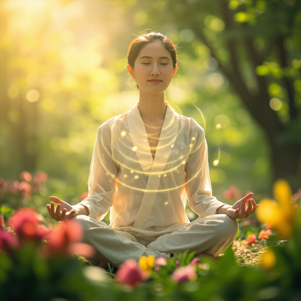 A serene, high-quality image of a person meditating in a lush spring garden, with subtle glowing lines representing energy pathways connecting the head, chest, and abdomen, symbolizing harmony and respiratory relief.