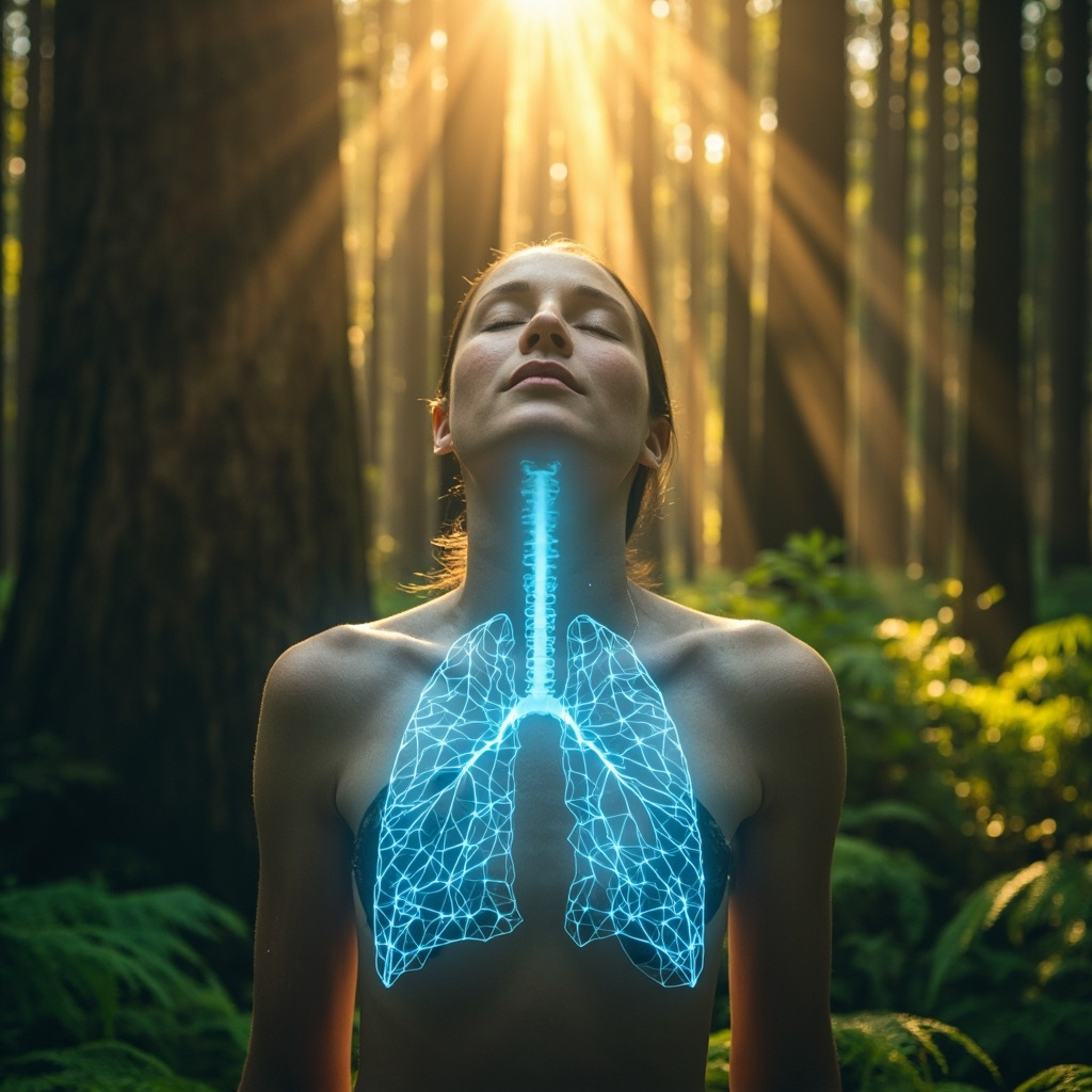 A serene, high-quality image of a person breathing deeply in a sunlit forest, with subtle glowing blue geometric lines tracing the respiratory system from the nose to the lungs to symbolize energy balance and coherence.