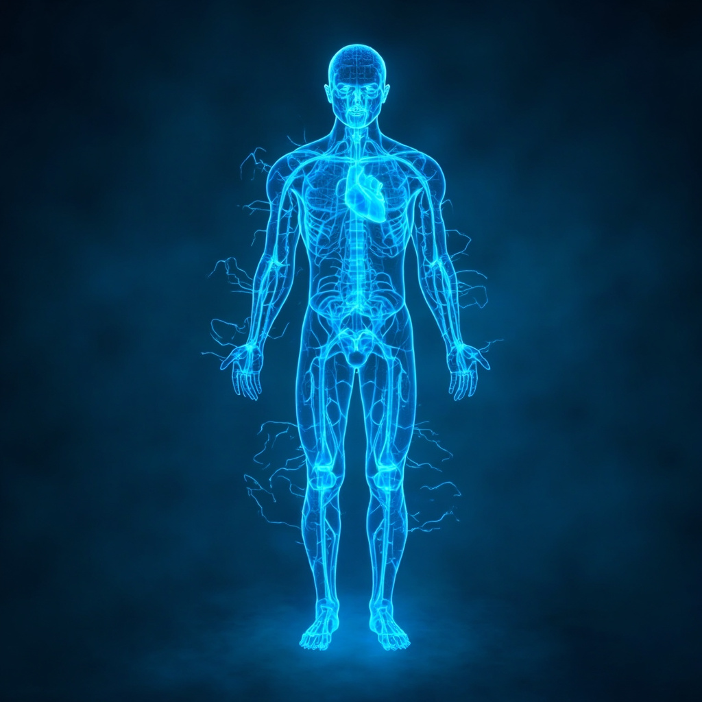 Human silhouette with glowing blue potassium ions flowing through muscles, heart, and nerves, balanced energy waves, serene background