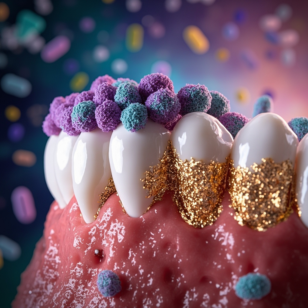 Illustration of Streptococcus mutans bacteria forming biofilm on tooth enamel causing decay, with acid drops eroding surface, background shows gut microbiome icons and nutrition elements like sugars and probiotics, in realistic medical style, vibrant colors for education.