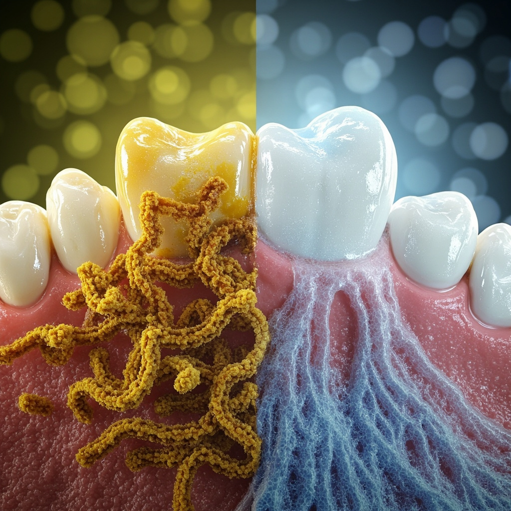 Microscopic illustration of Streptococcus mutans bacteria forming acidic biofilm on tooth enamel causing decay, next to a balanced healthy mouth with strong teeth and protective saliva, in vibrant medical style.
