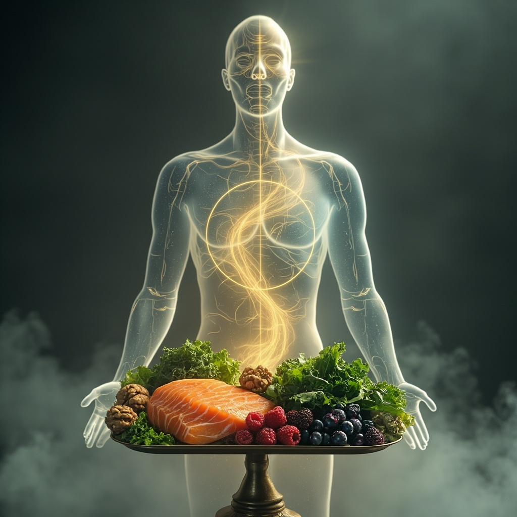 A serene human silhouette with balanced glowing energy waves flowing through the body, surrounded by nutritious foods like salmon, nuts, greens, and berries on a scale, symbolizing nutritional harmony for energy balance.