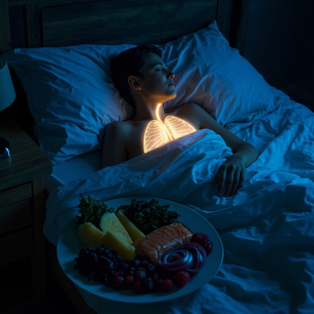 Serene night scene of a person sleeping peacefully in bed, with soft glowing light around the nose, lungs, chest, and abdomen symbolizing balanced energy; beside the bed, a plate of fresh pineapple, salmon, onions, kale, and berries on a wooden table, in calming blue tones.