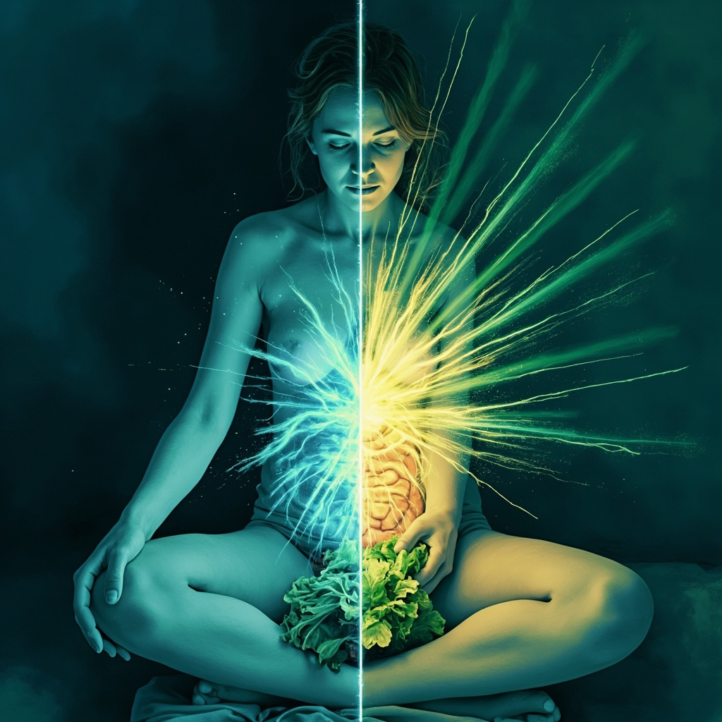 Split image: left - tired person bloated holding salad, right - vibrant person with glowing gut aura transforming food to energy rays, soft illustrative style, blues and greens.