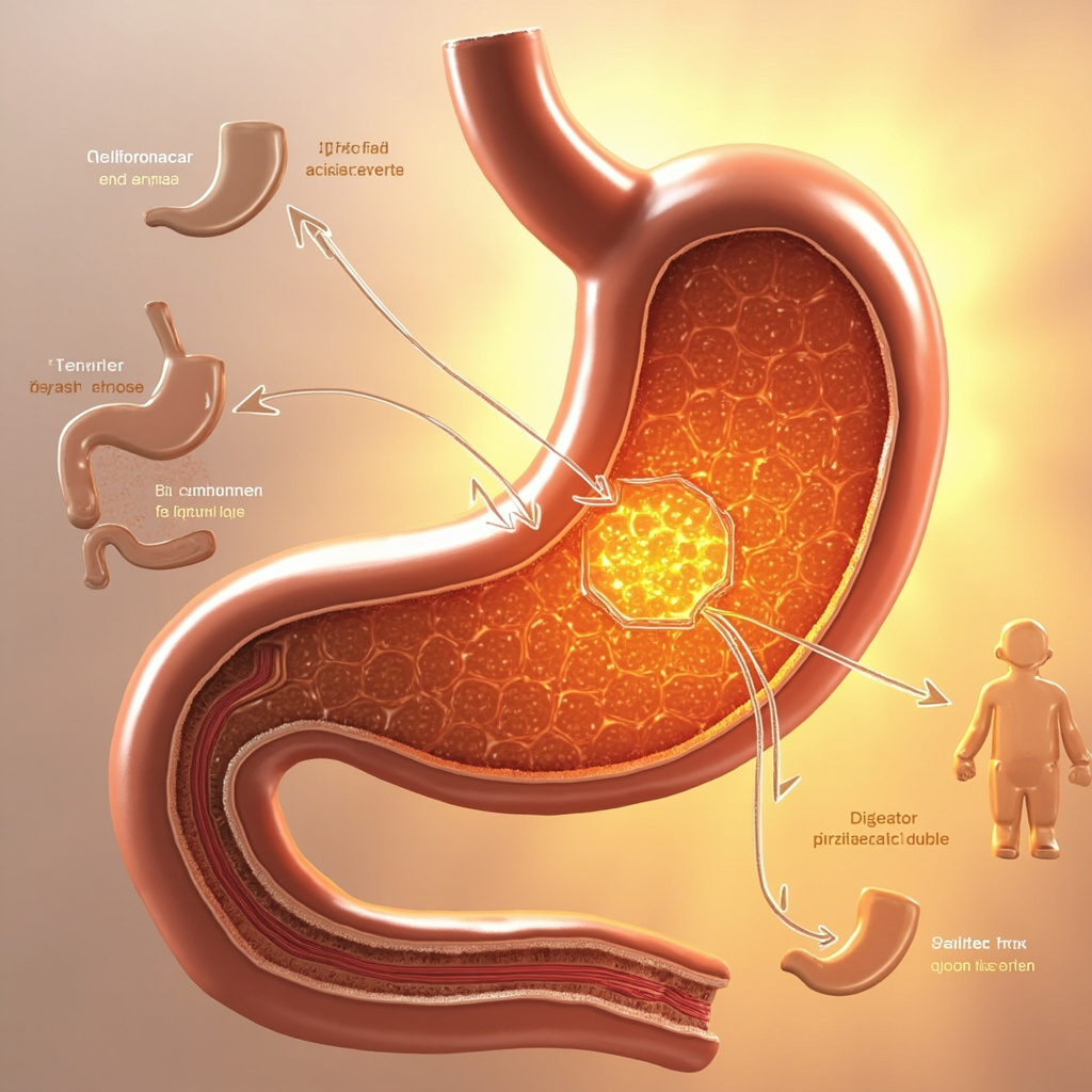 Diagram of human pancreas highlighting centroacinar cells in acini, with arrows showing bicarbonate and enzyme flow; background icons of bloating stomach, gas bubbles, fatigue person, transitioning to healthy digestion and energy.