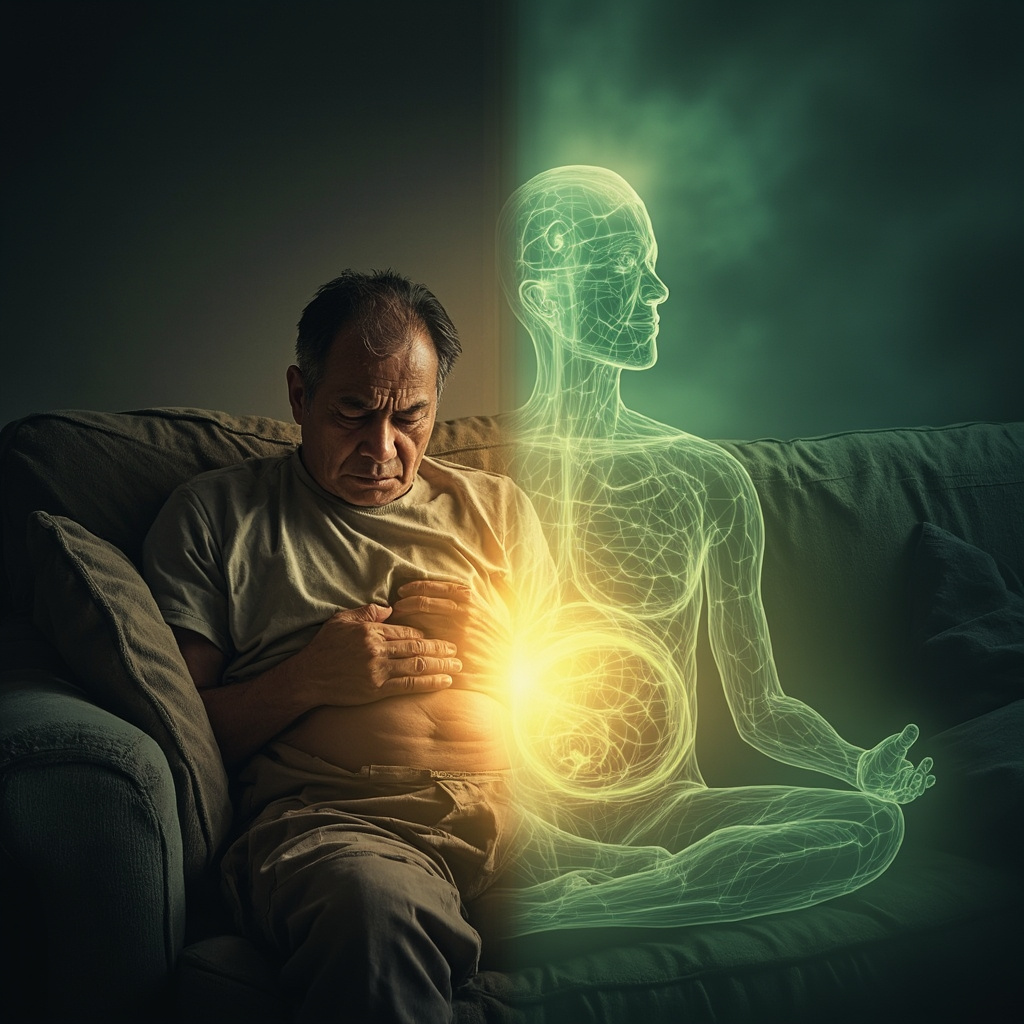Illustration of a weary adult clutching bloated stomach on a couch, fading energy waves from gut, transitioning to vibrant figure meditating with glowing balanced gut aura.