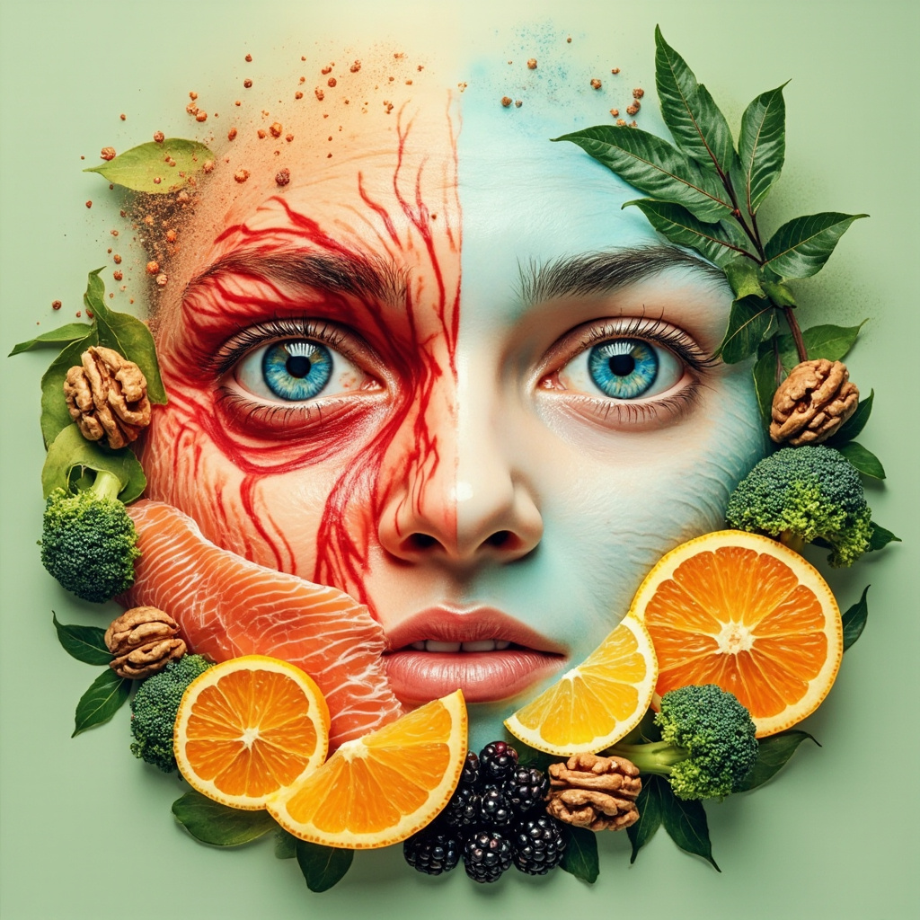 Vibrant illustration of red, irritated eyes from pollen allergy on the left, transitioning to calm blue eyes on the right, surrounded by fresh salmon, citrus fruits, pineapple slices, broccoli, berries, and walnuts on a soft green background symbolizing natural nutritional healing and relief.