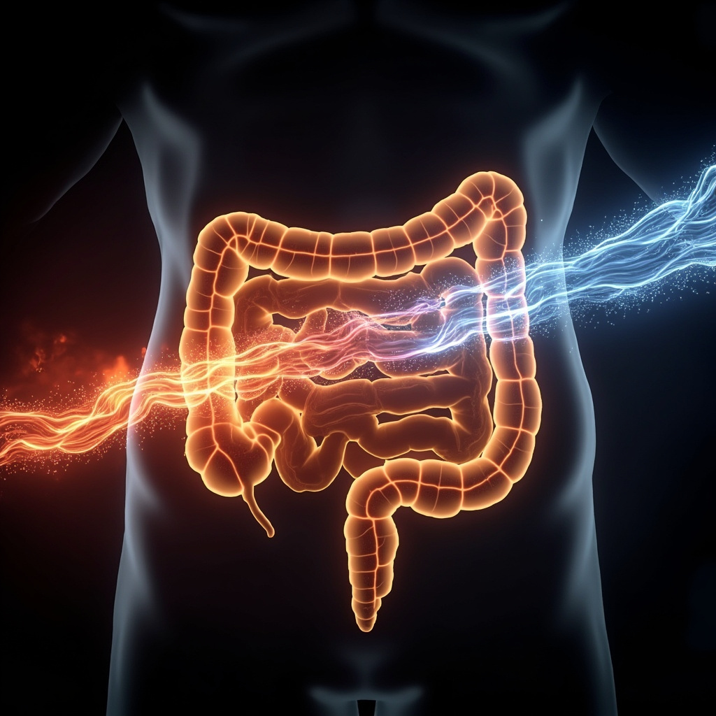 A high-quality, conceptual 3D render of a human digestive system where the intestines are glowing with a soft, golden light, transitioning from a chaotic, jagged red energy to a smooth, coherent blue wave, symbolizing the shift from inflammation to balance. Professional medical illustration style.