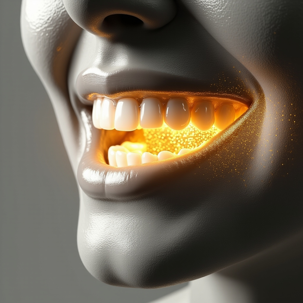 A professional, clean 3D illustration of a human smile transitioning from a muted, grey tone to a bright, glowing gold light, symbolizing the shift from dental anxiety to energetic balance and confidence.