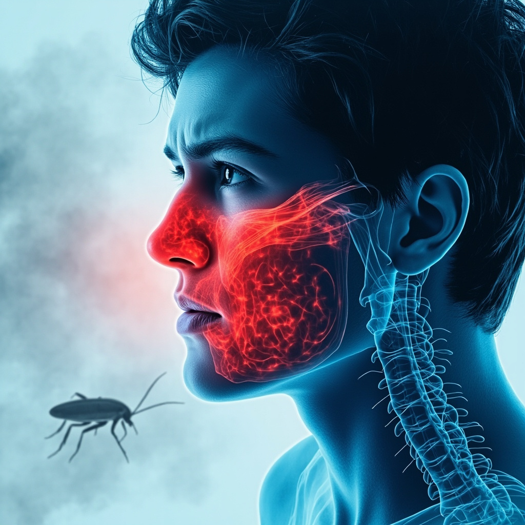Medical illustration of a human nose congested with red inflamed sinuses, subtle cockroach silhouette in dusty background, person profile looking uncomfortable, soft blue and red tones for health awareness