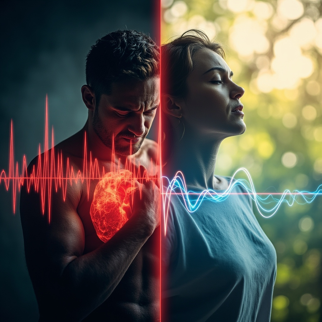 Split image: left stressed person clutching chest with jagged red heart waves and rising Stress Index graph; right relaxed person breathing deeply with smooth blue HRV waves and dropping SI line, natural background.