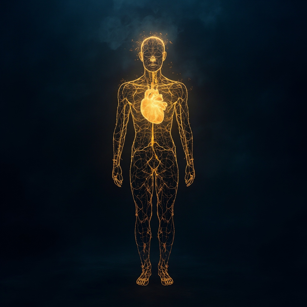A serene, conceptual image of a human silhouette where the nervous system is depicted as glowing, golden filaments of light connecting the brain to the heart and sensory organs, set against a deep indigo background to evoke a sense of inner voyage and mental clarity.