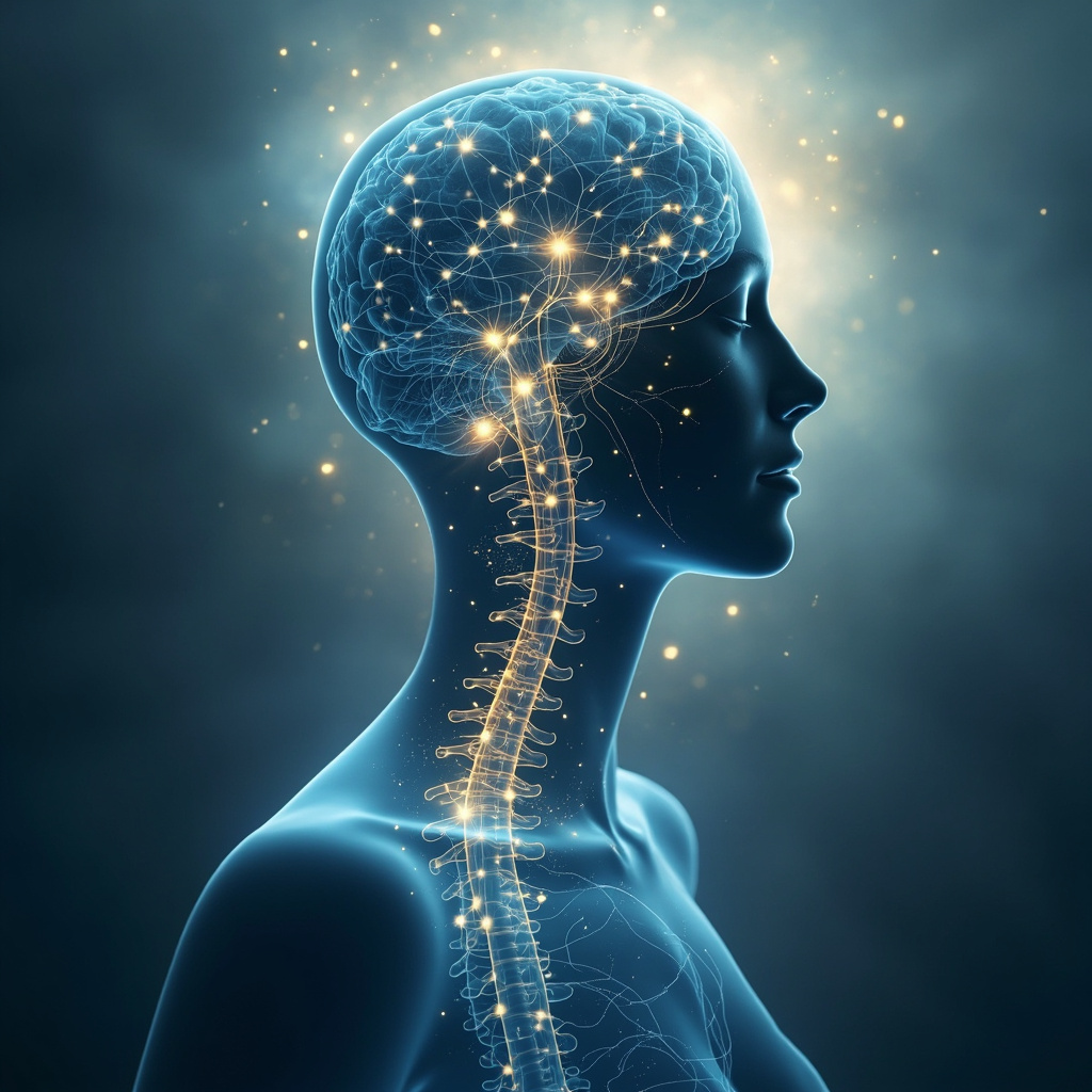 Serene digital art of a human profile with glowing neural pathways connecting the brain, heart, and spine, in soft blues and golds, evoking balance and energy flow, meditative atmosphere.