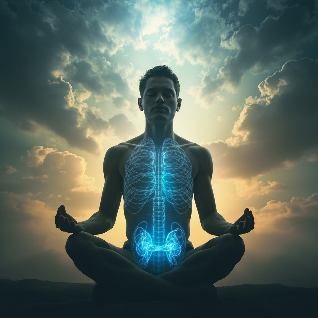 Serene person in lotus pose, glowing adrenal glands on kidneys emitting harmonious blue frequency waves, fading stress clouds to vitality aura, soft natural light, realistic yet ethereal style.