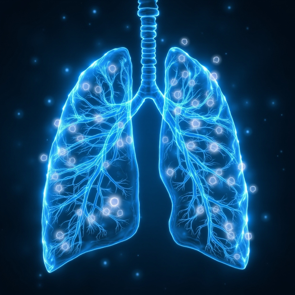 Serene digital art of healthy lungs glowing with blue energy waves harmonizing bacterial forms, symbolizing balance, immunity, and calm respiratory health