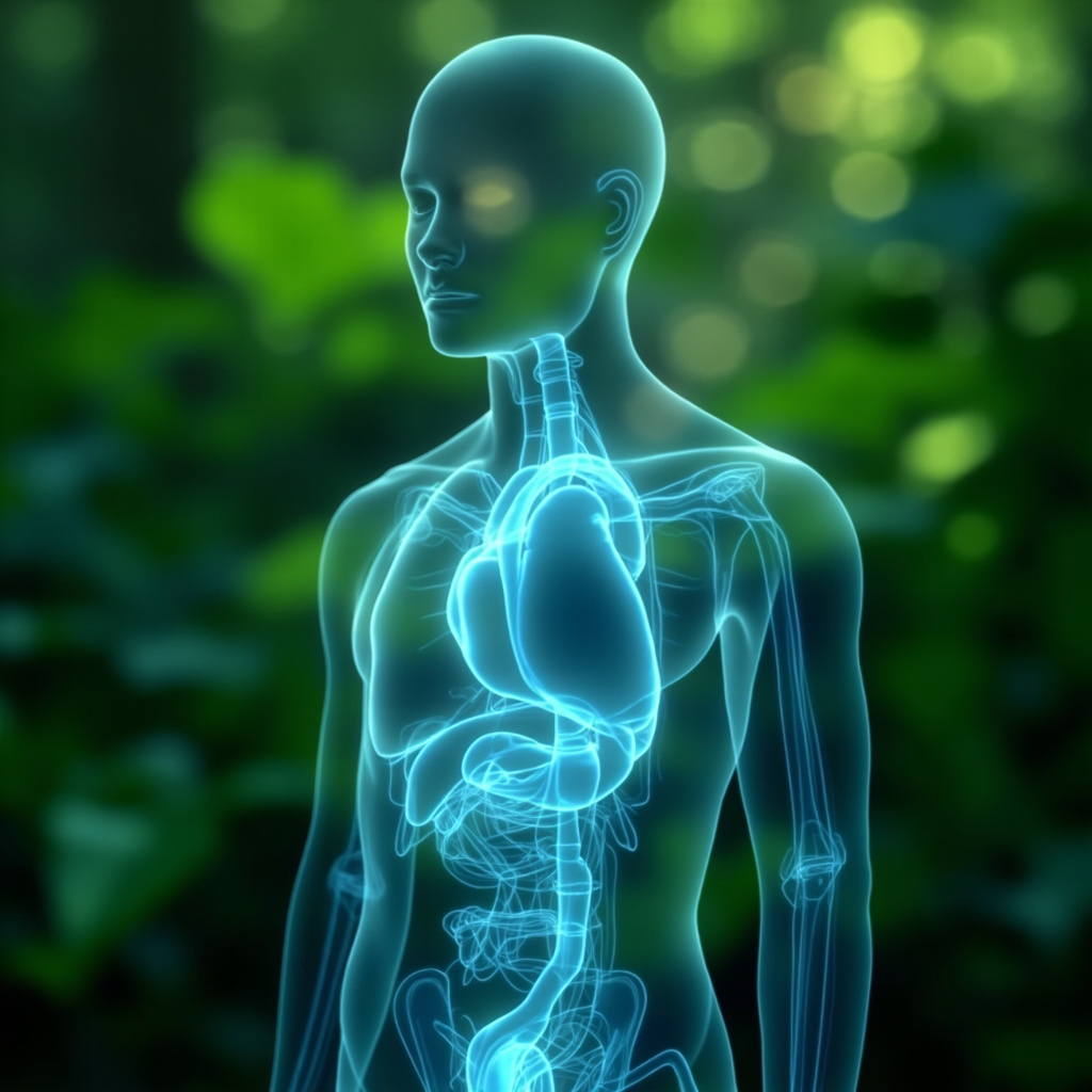 Serene human silhouette with glowing heart, pancreas, liver highlighted in blue, soft healing frequency waves balancing viral imbalance, natural green background