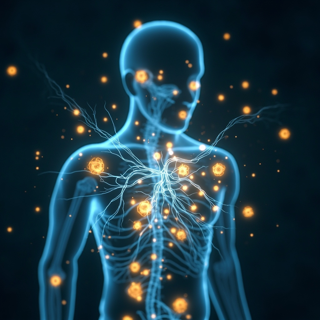 Serene anatomical illustration of the human lymphatic system as a glowing network of vessels and nodes throughout the body, in soft blue and gold tones, evoking flow, purity, and vitality.
