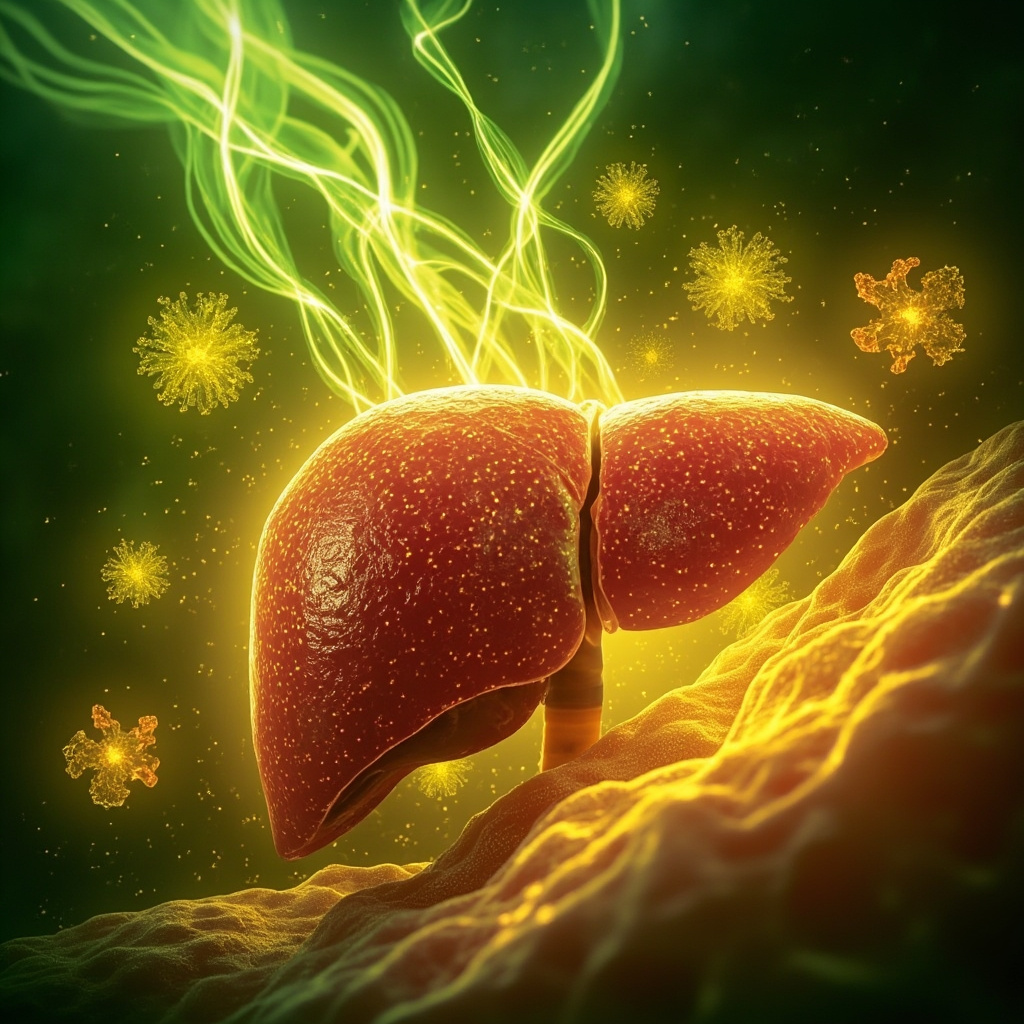 Vibrant natural illustration of sulfur molecules glowing in a healthy human liver and smooth skin cells, with green detox flows and yellow energy auras, serene healing atmosphere