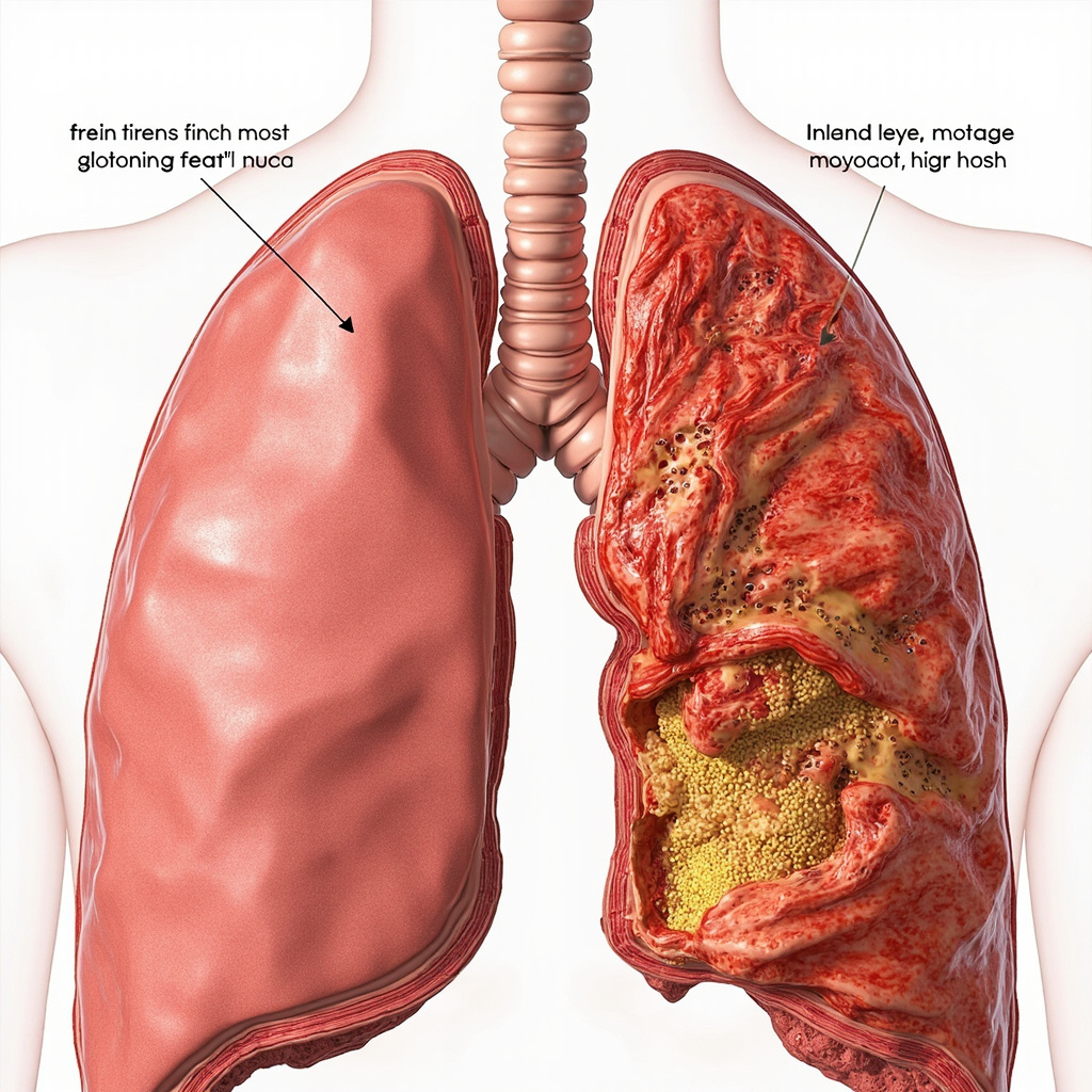 Realistic medical illustration: cross-section of healthy bronchi with pink moist mucosae producing thin clear mucus trapping dust particles, cilia sweeping it out; contrasted with inflamed red swollen mucosae clogged with thick yellow mucus, bacteria thriving, stressed emotional overlay like boundary symbols