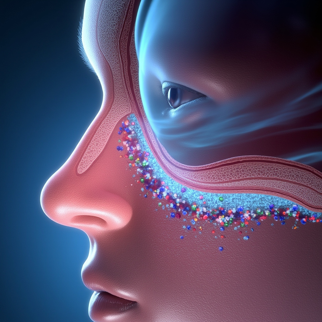 Educational illustration of nasal cavity with pink moist mucosae lining trapping colorful particles and germs in mucus, subtle brain emotion waves connecting to nose, calming blues and soft lights.