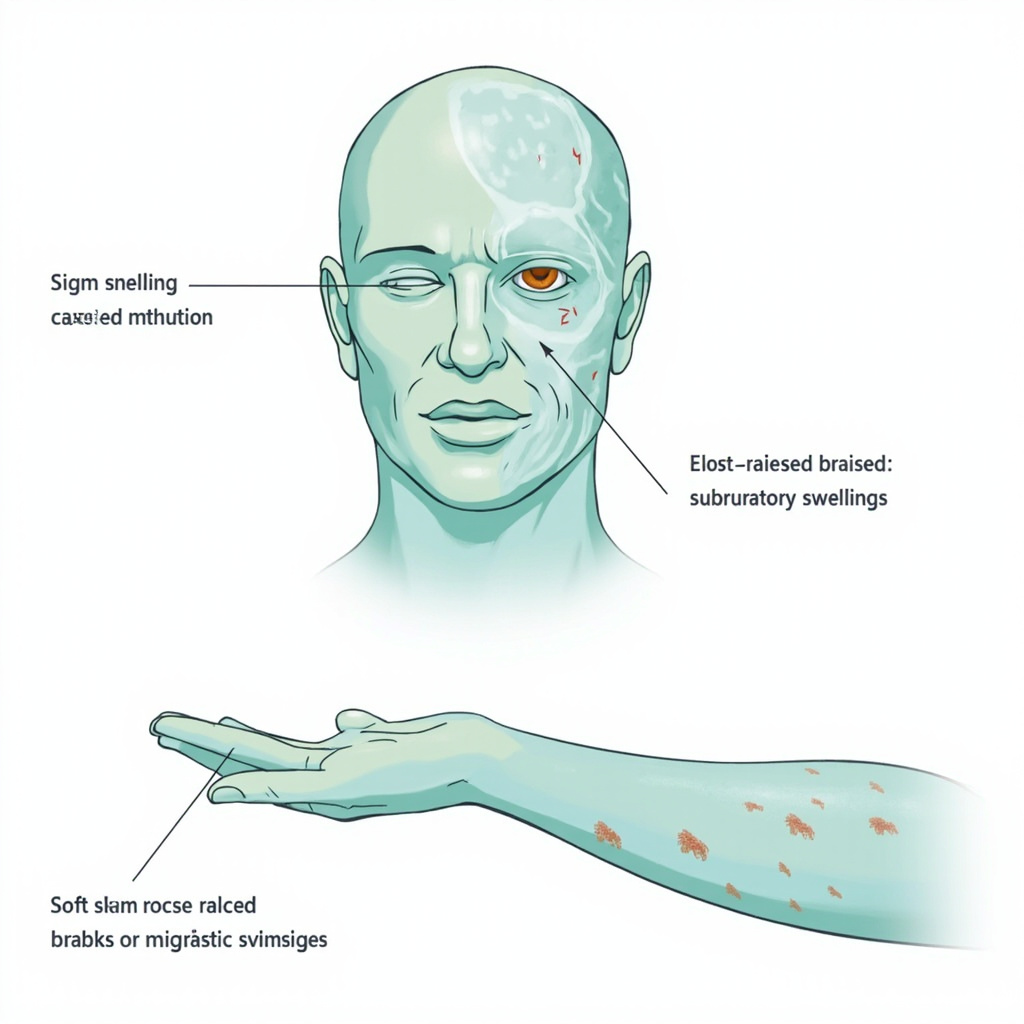 Educational illustration of subtle skin swelling on face and arm with eye discomfort from parasitic migration, soft blues and greens, no graphic worm, anatomical style for health article.