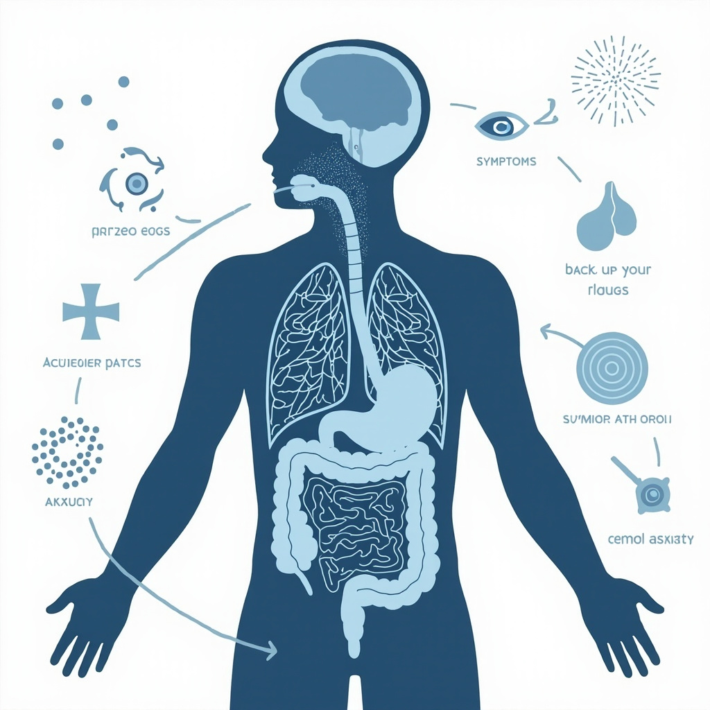 Educational illustration of inflamed intestines with Shigella bacteria invading cells, contrasted with healed gut glowing with balanced energy waves, in calming blue and green tones, medical diagram style.