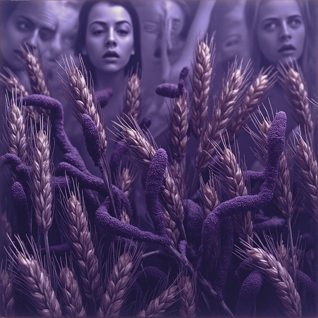 Realistic illustration of purple ergot sclerotia on rye grains, with faint overlays of anxious facial expressions and twitching limbs in the background, soft purple-blue tones for a mysterious health warning vibe.