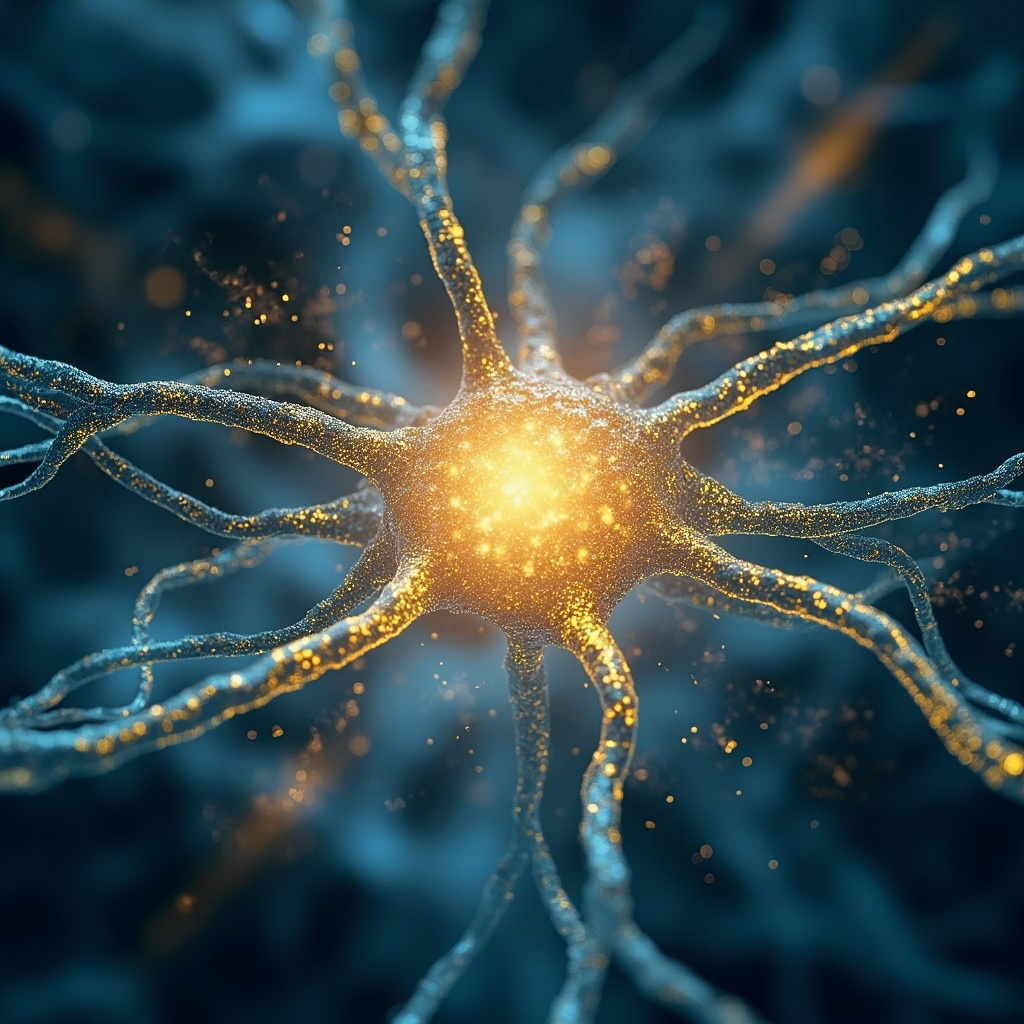 Illustration of a neuron with glowing cell nucleus in brain tissue, frequency waves balancing stress clouds, soft blues and golds for clarity and healing.