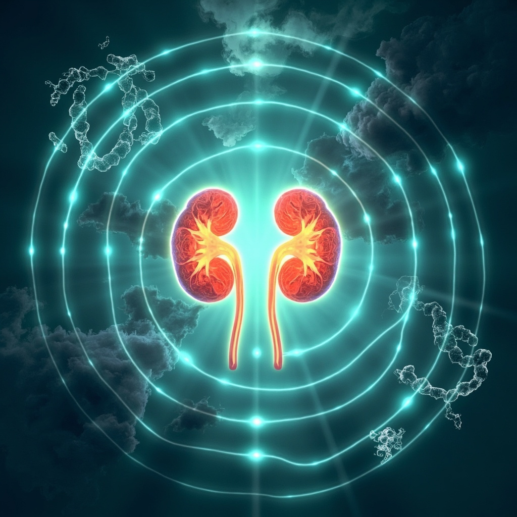 Illustration of glowing healthy kidneys and liver emitting harmonious energy waves, fading bacterial spirals in background with fatigue clouds and anxiety symbols dissolving, soft blue-green healing tones.