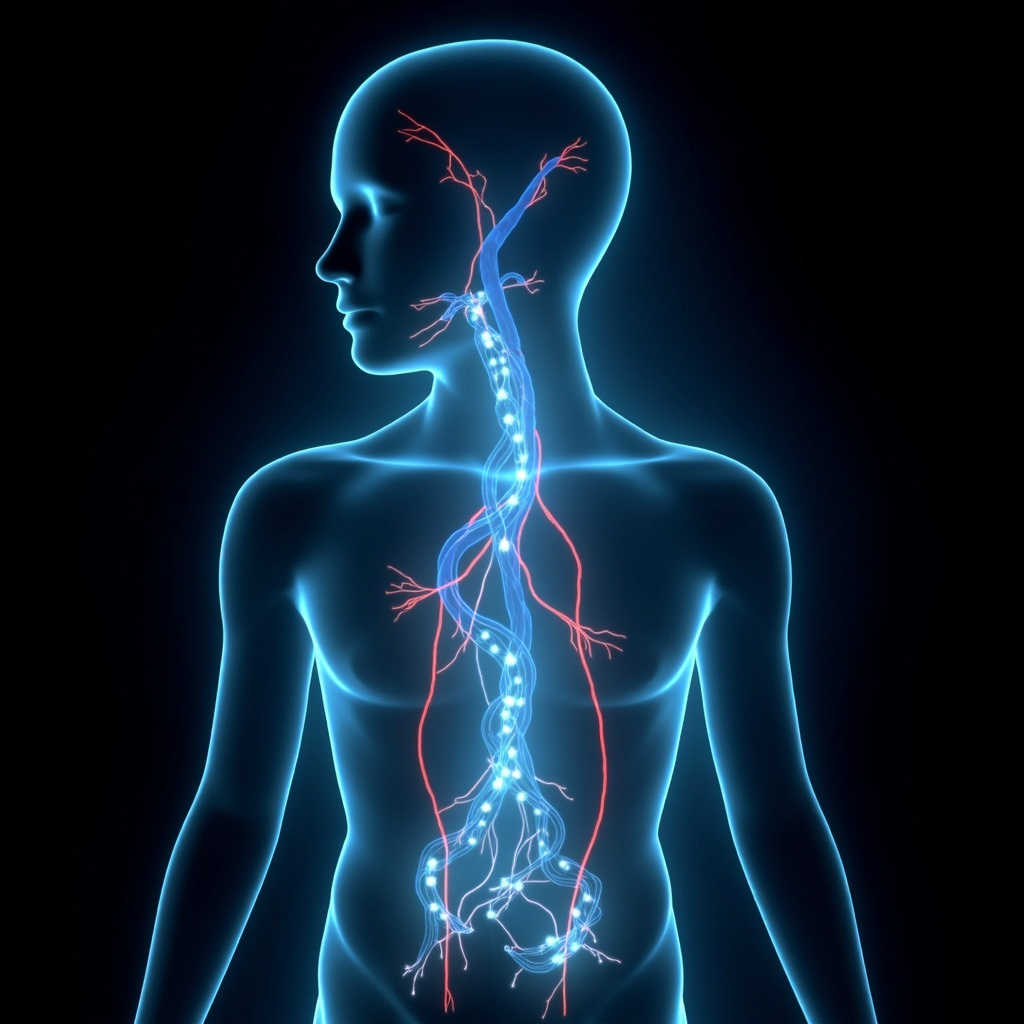 Serene anatomical illustration of lymphatic vessels glowing in soft blue, weaving through the human body alongside blood vessels, with lymph nodes highlighted, evoking flow, detox, and inner calm.