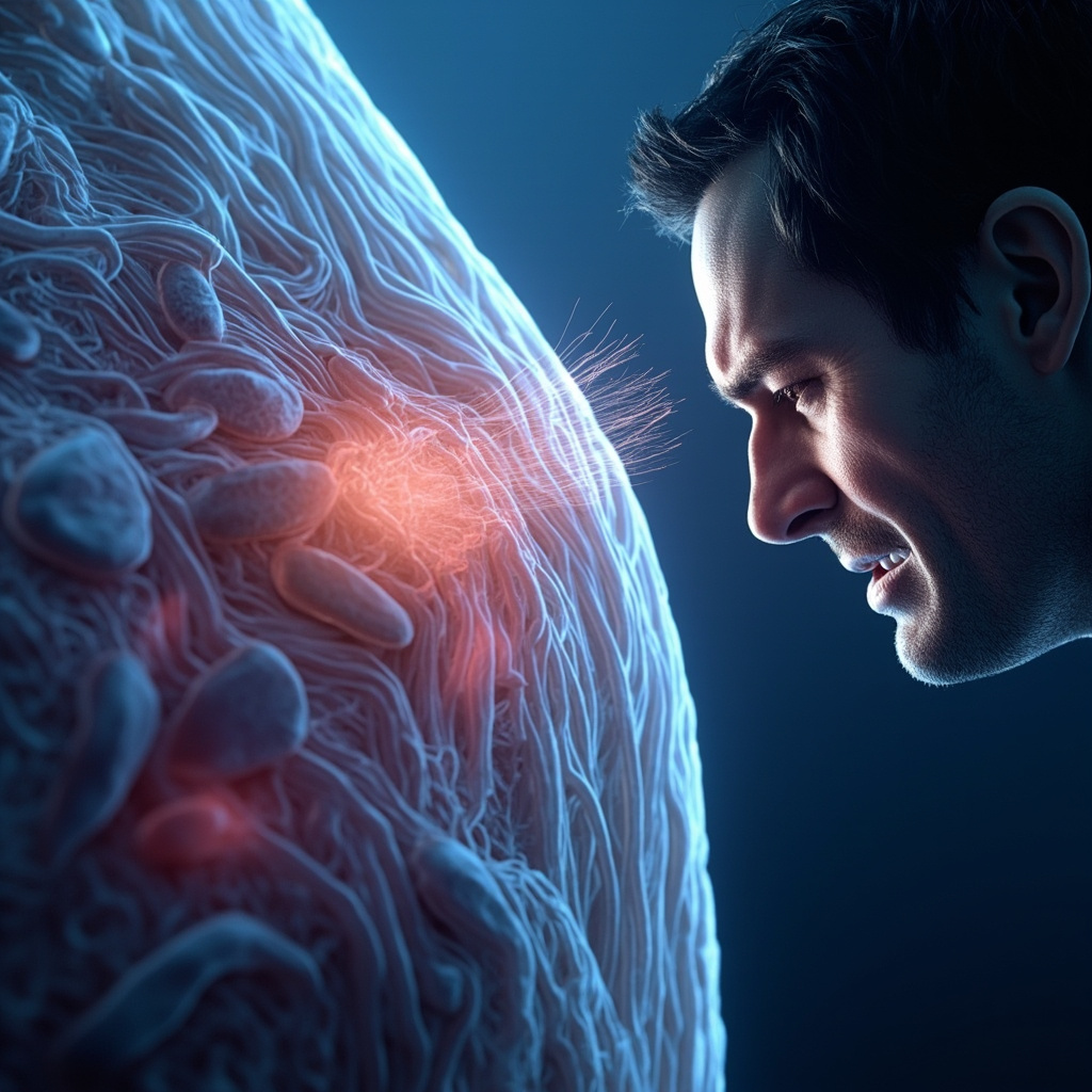 Realistic medical illustration of Sarcocystis cysts in human muscle tissue, showing inflammation, pain waves, and a person with tense posture experiencing anxiety, soft blue tones for health theme