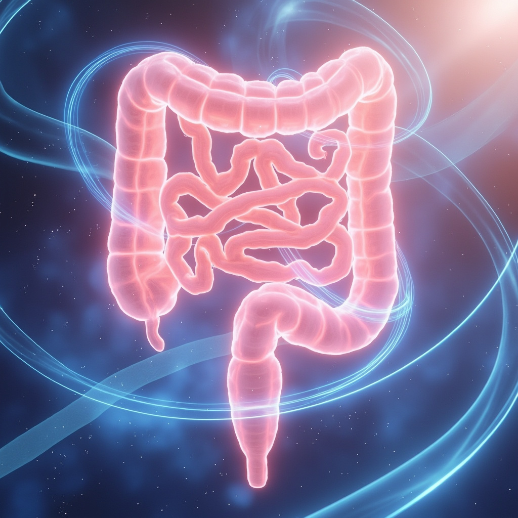 Soft glowing illustration of healthy pink intestines intertwined with calming blue energy waves, symbolizing gut healing, emotional balance, and natural vitality.