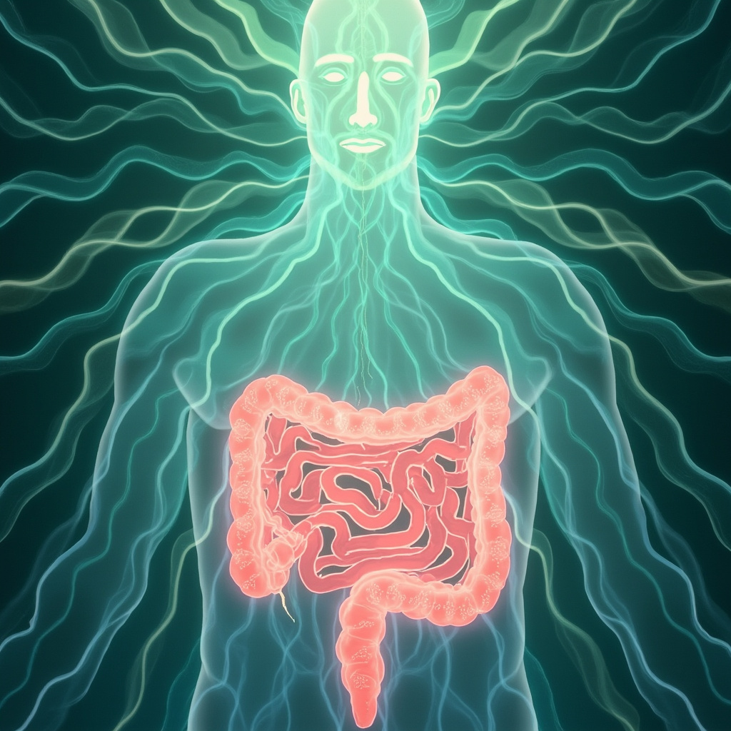 Serene illustration of healthy pink intestines with subtle glowing bacteria, balancing energy waves flowing to a calm human figure with a peaceful mind aura, soft green and blue healing tones