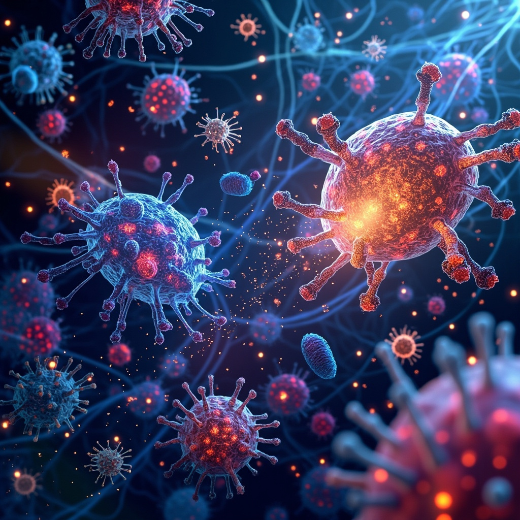 Illustration of colorful immune cells like macrophages training against diverse pathogens such as bacteria and viruses, showing activation and balance in a human body network, educational and vibrant style