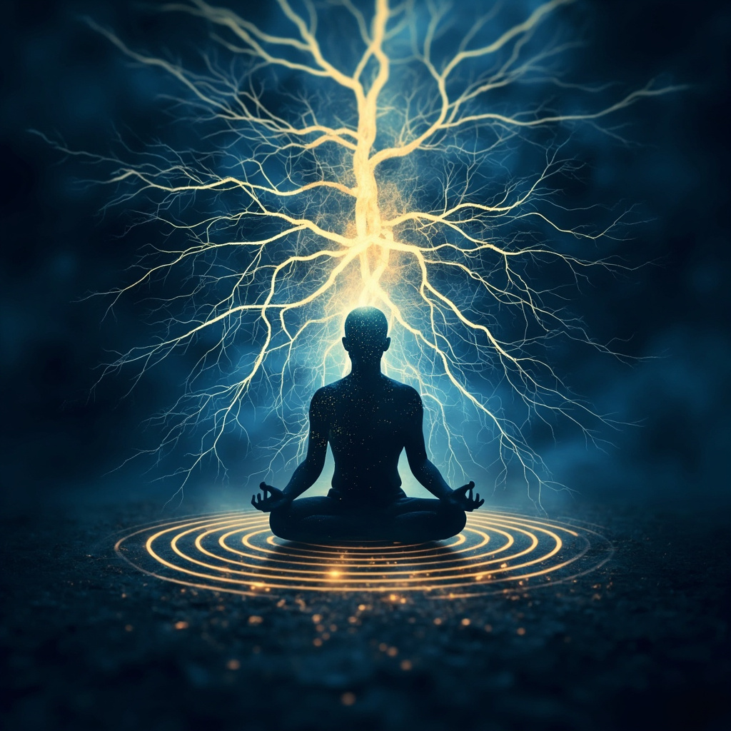 Serene illustration of glowing human nerve network in blue and gold, with subtle harmonic waves and a meditating silhouette in soft natural light, evoking healing and balance