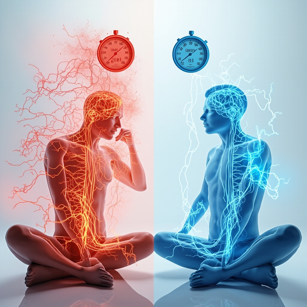 Split image: left, stressed adult with tense posture, red glowing nerves in brain and spine, blood pressure gauge at 160/100; right, calm person meditating, blue balanced energy flows, gauge at 120/80. Soft lighting, medical illustration style.