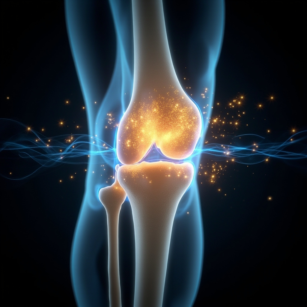 Illustration of a human knee joint with bones connected smoothly, surrounded by gentle glowing frequency waves and microcurrent sparks in blue and gold tones, symbolizing healing, flexibility, and energy balance.