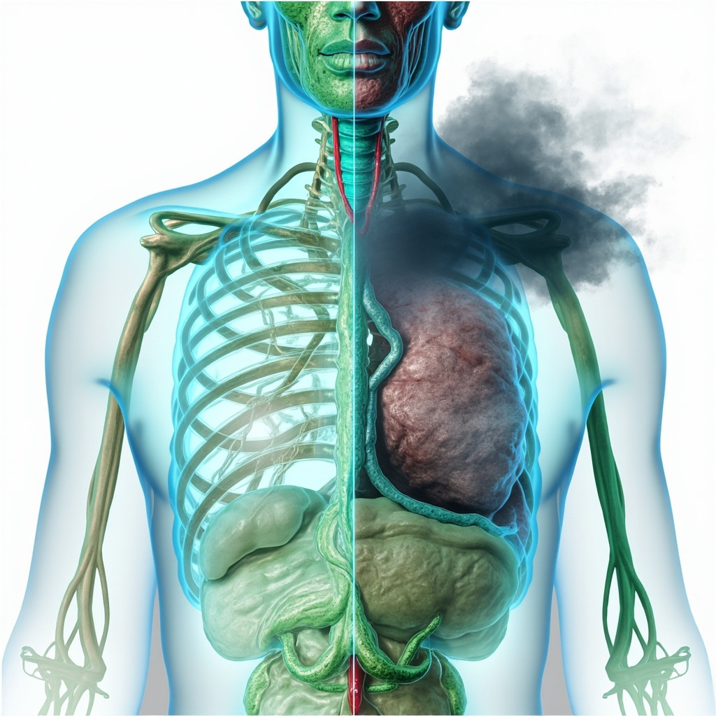 prompt: Serene anatomical illustration of glowing lymphatic vessels in the human body, clear fluid flowing smoothly through thin tubes parallel to blood vessels, contrasted with a dim, swollen side showing stagnation and stress symbols like heavy clouds, in soft healing blues and greens, professional medical art style.