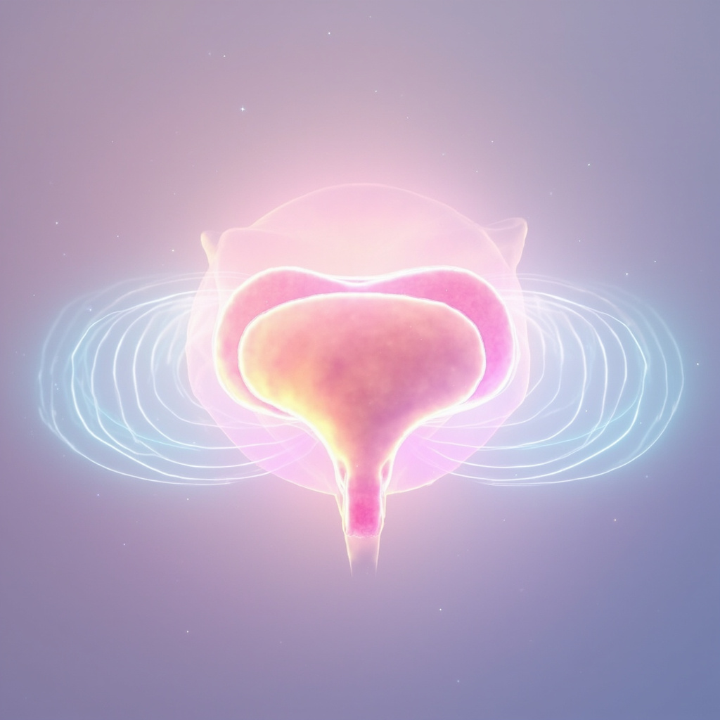 Serene medical illustration of a healthy human bladder with glowing pink mucosa lining, subtle blue frequency waves harmonizing it, calm meditative aura in soft pastels, professional and hopeful.